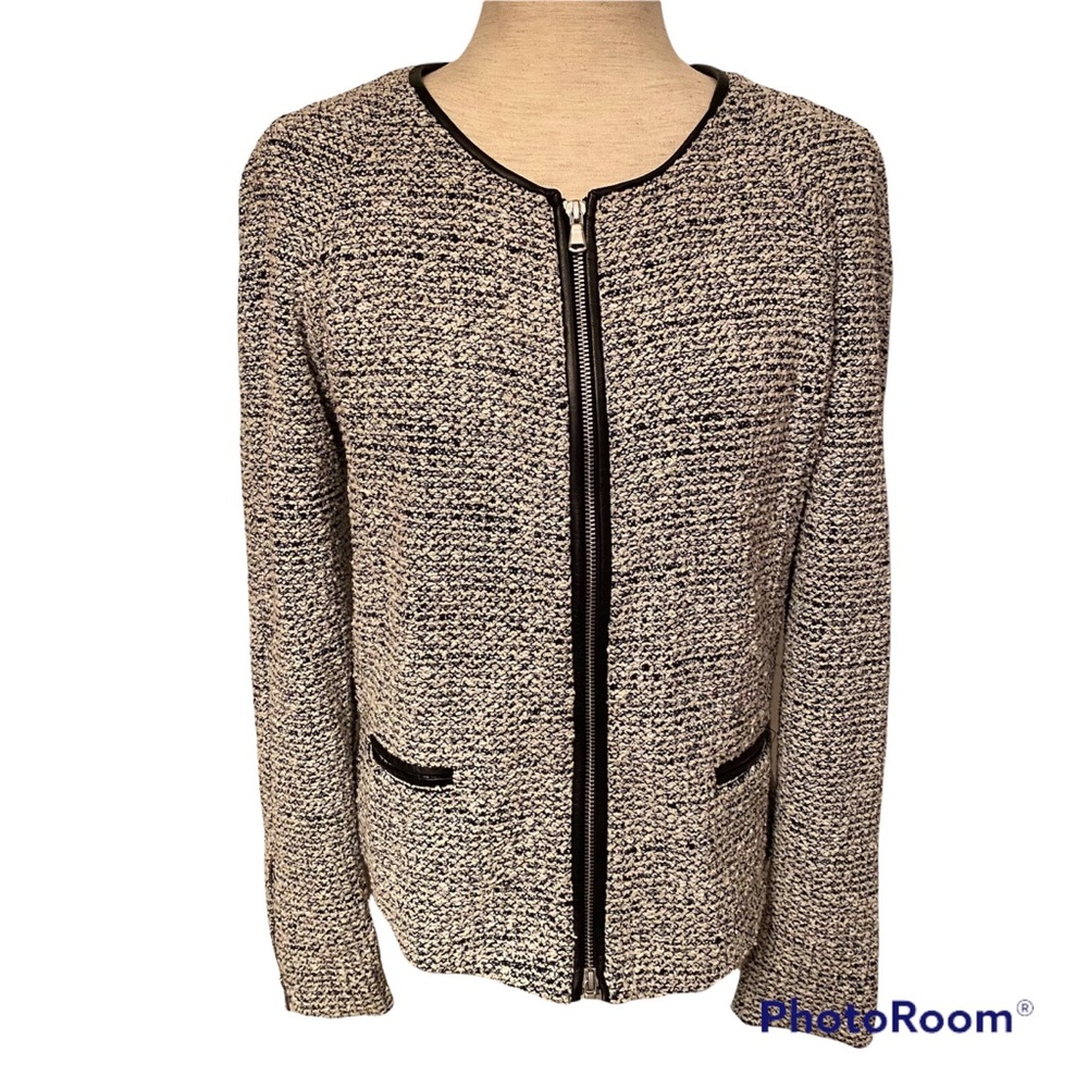 CLUB MONACO JACKET COAT BLACK WHITE BLUE TWEED LEATHER ZIP FRONT SIZE L fits S*